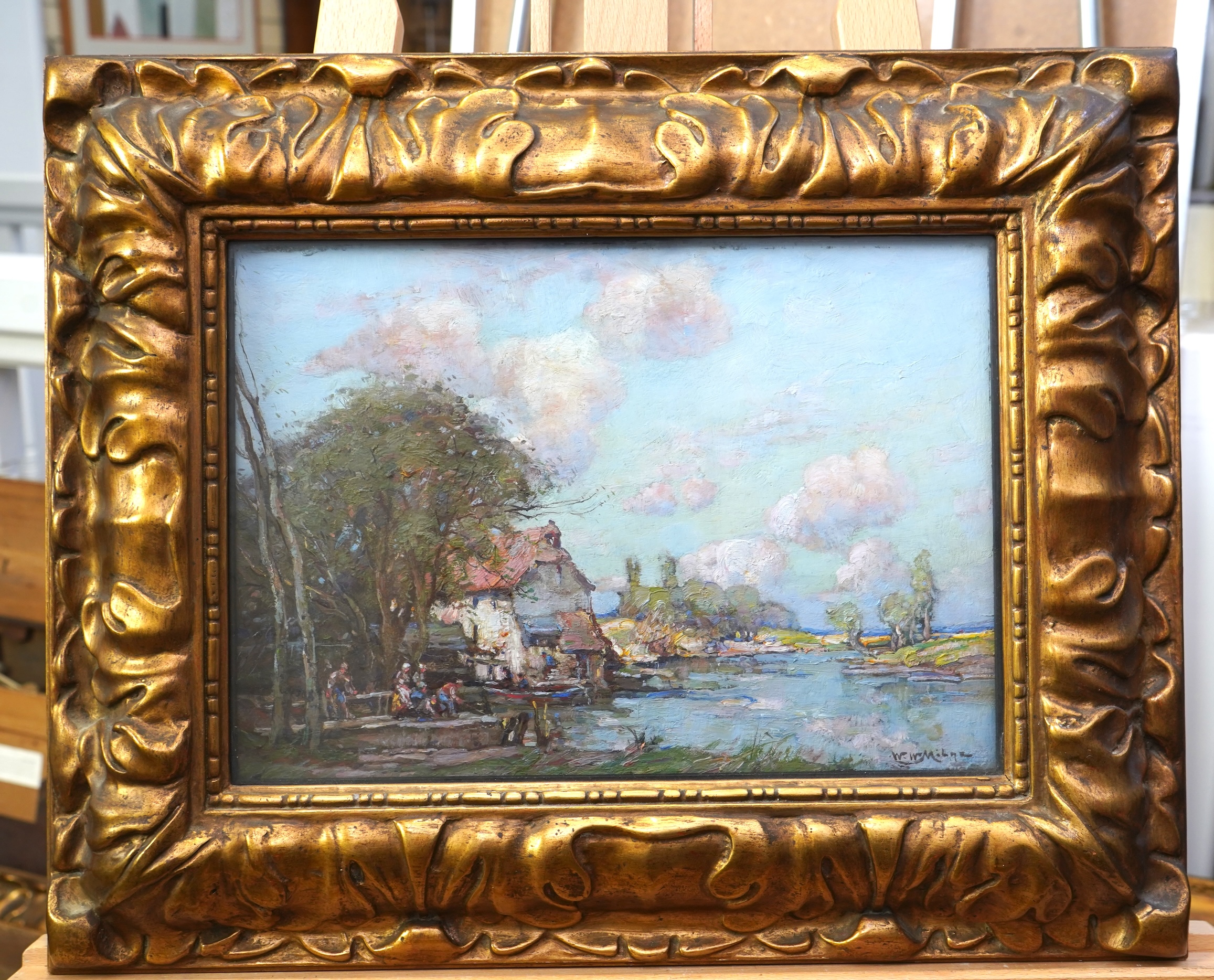 William Watt Milne, 1865-1951, A riverside cottage with figures